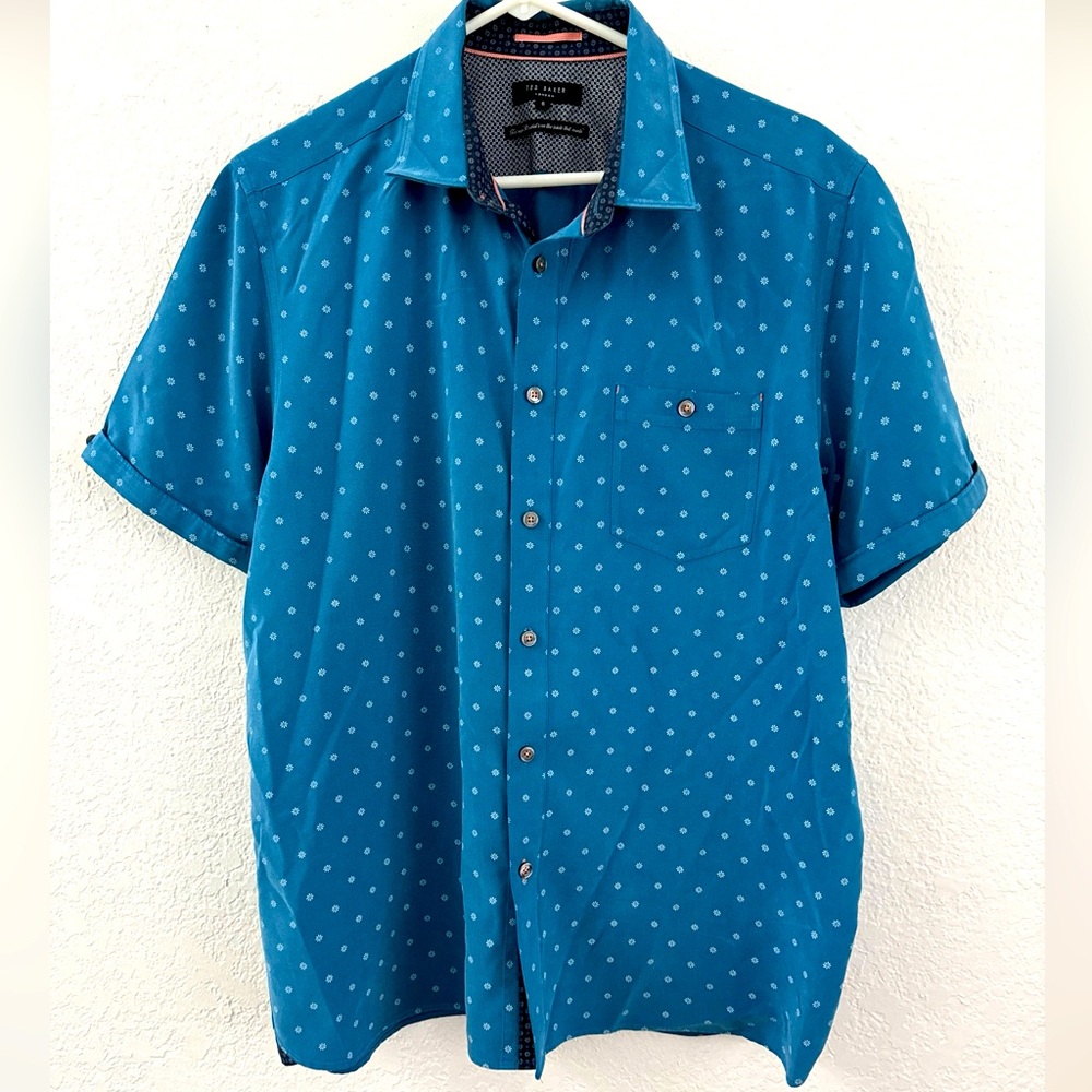 Ted Baker London Men's 6 (XL) -Button-Up Shirt Untucked Teal White